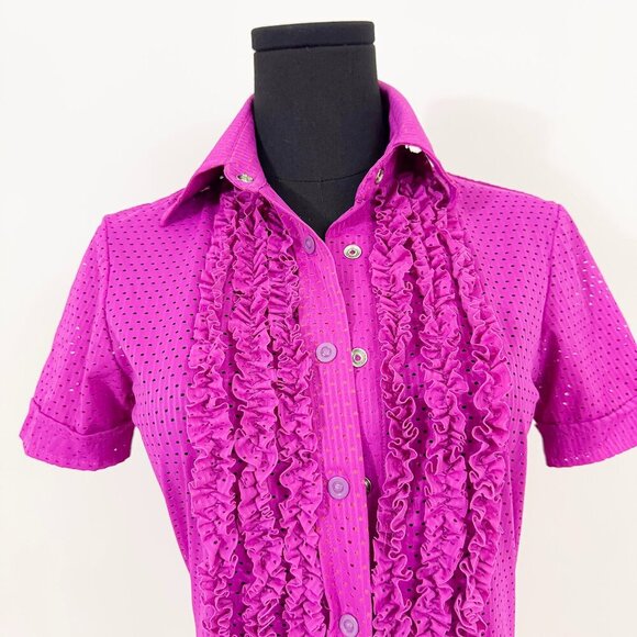 JEAN PAUL GAULTIER JPG MAGENTA PINK PURPLE BUTTON UP COLLARED SHIRT WITH RUFFLES - Picture 3 of 7